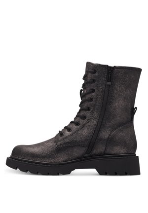 Bottine noire métallisée avec cuir texturé, dotée d'une fermeture à glissière sur le côté et d'un laçage à l'avant, ainsi qu'une semelle en caoutchouc épaisse pour une durabilité optimale.