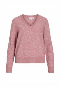 Maglione rosa chiaro a V con un motivo a rombi testurizzato, polsini e orlo a coste, realizzato in un materiale morbido e leggero.