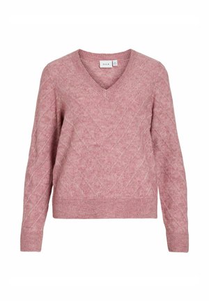 Pull à col en V rose clair avec un motif de losanges texturé, bord-côtes aux poignets et à l'ourlet, fabriqué en matériau doux et léger.