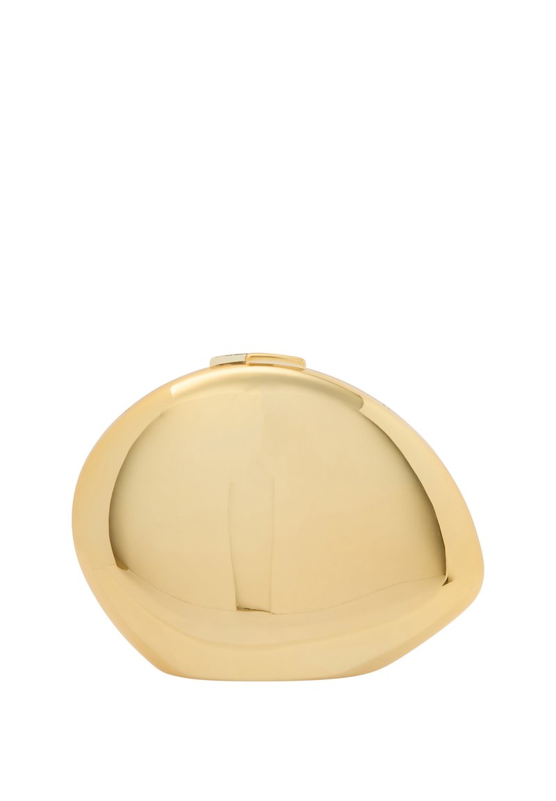 Arany színű fém clutch, lekerekített formával, sima felülettel és felső záródással. Fényes felület, látható hardver részletek nélkül.