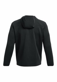 Haut à capuche noir avec une capuche ajustée, des manches longues et une texture lisse. Design simple sans motifs ni détails en métal visibles.