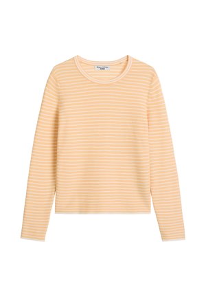 Geel lange mouw top met witte horizontale strepen. Heeft een ronde halslijn en zachte, lichtgewicht stof met een ontspannen pasvorm.