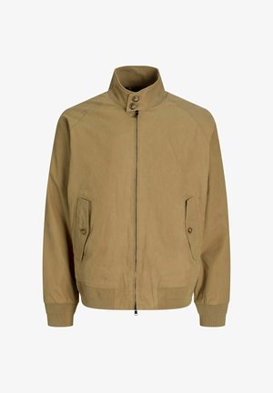 Veste bomber marron clair avec un col monté, fermeture éclair devant, deux poches latérales avec rabats à bouton et poignets et ourlet côtelés. Texture du tissu lisse.