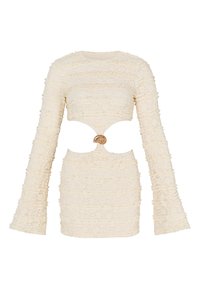 Cremfarbene Spitzen-Minikleid mit langen Ärmeln und weit ausgestellten Manschetten, ausgeschnittenem Taillenbereich und dekorativem, muschelförmigem Verschluss in der Mitte vorne.