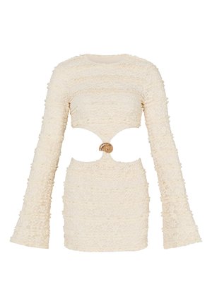 Crème kleurige kanten mini-jurk met lange mouwen, uitlopende manchetten, uitgesneden taille en decoratieve schelpvormige sluiting in het midden voor.
