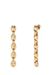 Pendientes de tono dorado con diseño enlazado que alterna formas esféricas y ovaladas, acabado en metal pulido y cierre de presión.