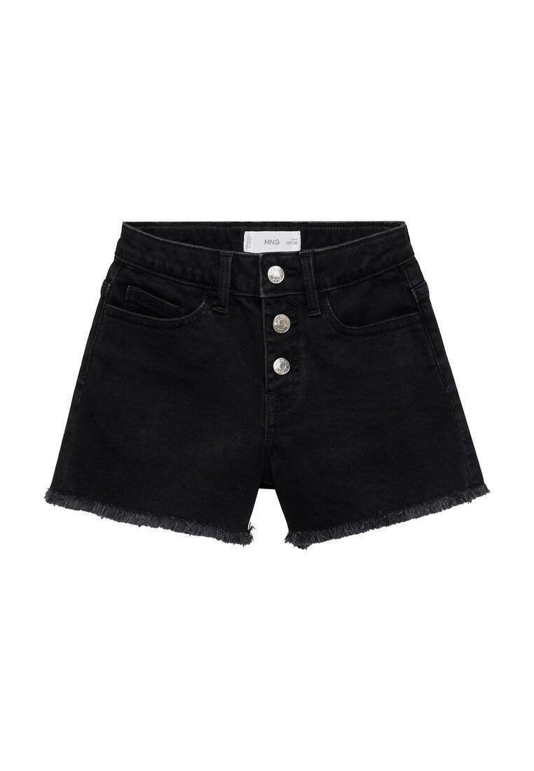 Shorts in denim nero con orlo sfrangiato, design a cinque tasche e chiusura a bottone con tre bottoni argentati.