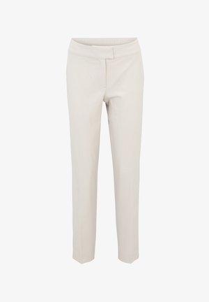 Pantaloni su misura beige chiaro con una texture liscia, vestibilità slim e vita elastica. Progettati con due tasche frontali.