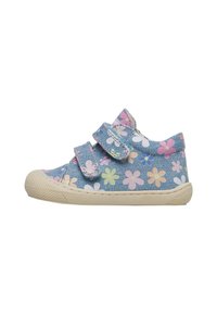 Blue canvas shoes with a floral pattern in pink, white, and yellow. Features two Velcro straps and a textured rubber sole.