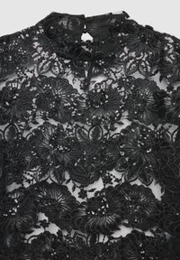 Schwarzes Spitzenkleid mit aufwendiger, floraler Stickerei, Pailletten und hohem Ausschnitt mit einem Schlüsselloch-Detail am Rücken.