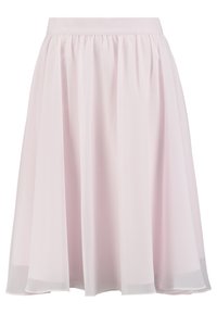 Falda de color rosa pálido, hasta la rodilla, fabricada con un tejido ligero y fluido. Presenta una cintura fruncida y un diseño en capas para añadir textura.