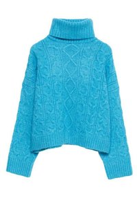Sweter z golfem w splocie kablowym w jaskrawym niebieskim kolorze. Charakteryzuje się skróconym krojem, szerokim, prążkowanym dołem oraz długimi rękawami z fakturowanym wzorem.