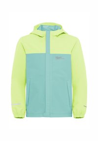 Chaqueta de lluvia ligera bicolor que presenta una sección superior en un vibrante amarillo-verde y una sección inferior turquesa, con puños elásticos y bolsillos laterales.