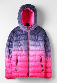 Fodrad jacka med en gradient från lila till rosa, med huva, dragkedjestängning och sidofickor med dragkedja. Slät, glänsande textur.