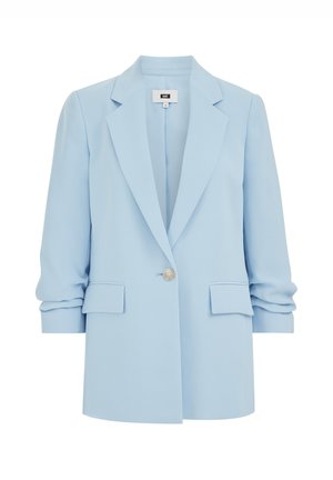 Svetlo modra obleka s krojenim dizajnom, zapiranjem na en gumb, reverji z zarezo in dvema sprednjima žepoma. Iz gladkega blaga.