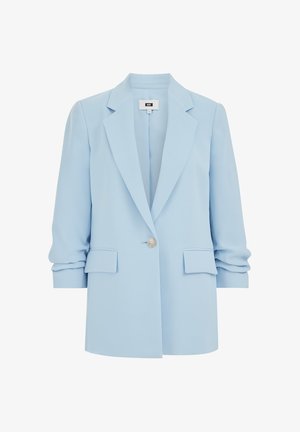 Šviesiai mėlynas švarkas su pritaikytu dizainu, vieno mygtuko užsegimas, nukirstais atlapais ir dviem priekinėmis kišenėmis. Pagamintas iš lygaus audinio.