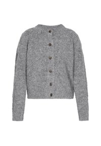 Szürke kötött kardigán kerek nyakkal, hat sötét gombbal és bonyolult textúrával. Rövidített fazon, hosszú ujjakkal.