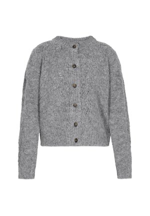 Grau gestrickte Strickjacke mit rundem Ausschnitt, ausgestattet mit sechs dunklen Knöpfen und einer komplexen Textur. Kurz geschnittenes Design mit langen Ärmeln.