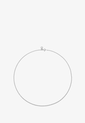 Collier de perles en métal argenté avec un fermoir rond, présentant de petites perles sphériques espacées uniformément créant un motif de chaîne délicate.