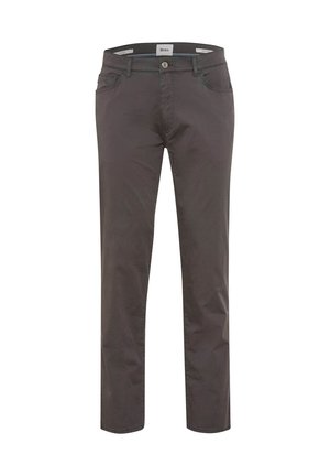 Dunkelgraue Herrenhose mit geradem Bein, vorne mit Knopf, Reißverschluss, Gürtelschlaufen und Fünf-Taschen-Design auf weißem Hintergrund.