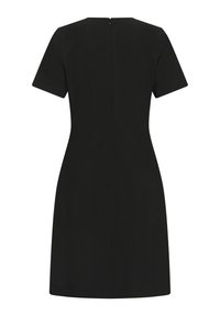 Robe noire à manches courtes, longueur genou, avec une taille cintrée et une fermeture éclair au dos.