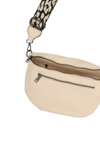 Borsa a tracolla beige con texture, cursori in argento e tracolla staccabile caratterizzata da un motivo animalier nero e beige.