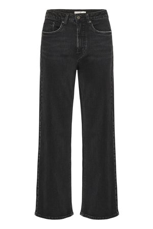 Fekete farmernadrág, magas derékkal, egyenes szárakkal és kontrasztos varrással. Öt zsebbel és gombos elülső zárral rendelkezik.