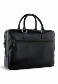 Sacoche pour ordinateur portable en cuir noir avec des poignées doubles, un compartiment principal zippé et une poche frontale zippée. Présente un design minimaliste et une texture lisse.