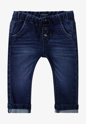 Dunkelblaue Jeans-Jogginghose für Kleinkinder mit elastischem Bund, Kordelzug, Knopfverschluss, Vordertaschen und aufgerollten Bündchen.