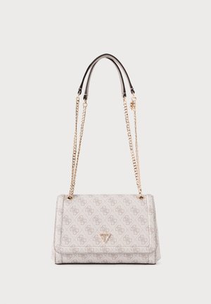 Borsa a mano grigio chiaro con finitura testurizzata, dotata di tracolla a catena dorata, piastra con logo triangolare e dettagli con motivi delicati.