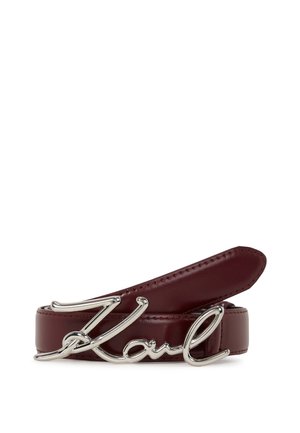 Burgundy leather belt with a glossy finish, featuring a silver-tone buckle shaped like the name "Karl." Thin and sleek design.
