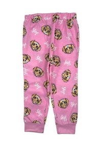 Pantalons de pyjama roses ornés d'un motif répété du visage d'un chien de dessin animé et du nom « Skye », avec une taille élastique et des chevilles resserrées.