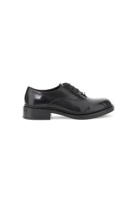 Scarpe stringate in pelle nera con una finitura liscia, punta arrotondata e tacco basso impilato. Il design mette in evidenza uno stile classico e minimalista.