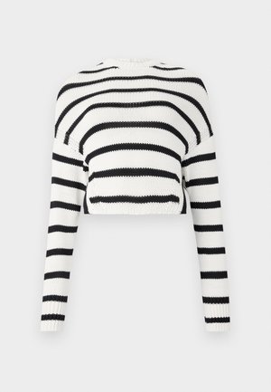 Cropped knit sweater with long sleeves, featuring alternating black and white horizontal stripes. Textured fabric, classic round neckline.