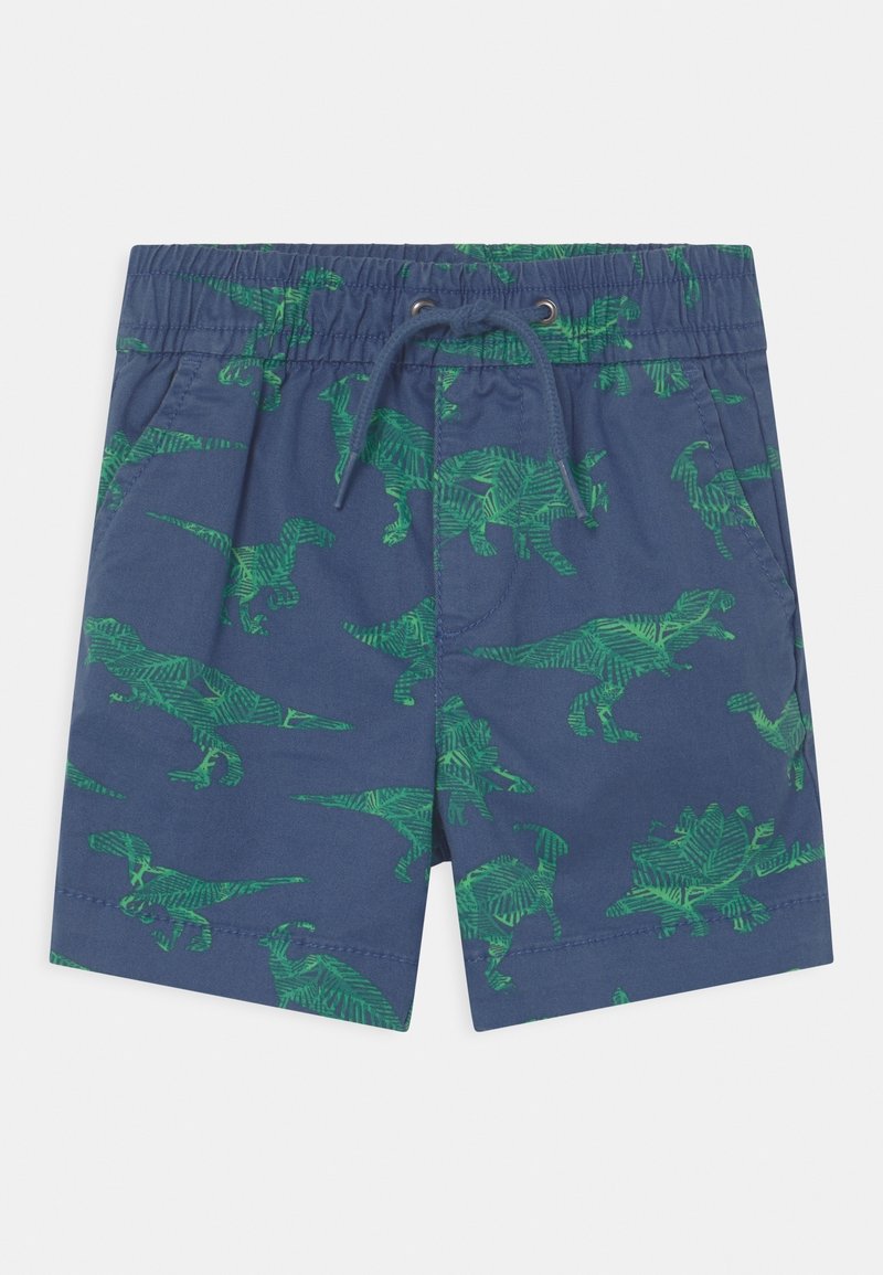 Shorts pour enfants bleu marine avec motifs de dinosaures verts, taille élastique, cordon de serrage et poches latérales.