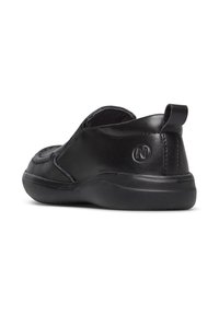 Scarpe slip-on in pelle nera con suola in gomma, retro arrotondato e cuciture visibili. Presentano un logo sottile impresso sul tallone.