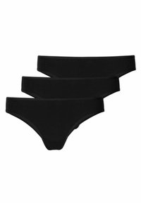 Trzy pary czarnych bawełnianych majtek bikini, charakteryzujących się gładką teksturą, elastycznym pasem i prostym wzornictwem bez wzorów czy ozdób.