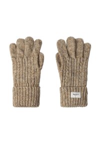 Gebreide handschoenen in een tan/brown mix met geribbelde manchetten. Heeft vijf vingers en een merklabel dat op de manchet is gestikt. Zachte textuur.