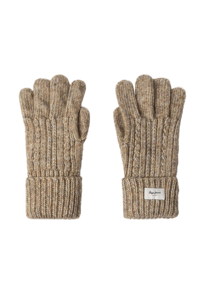 Gebreide handschoenen in een tan/brown mix met geribbelde manchetten. Heeft vijf vingers en een merklabel dat op de manchet is gestikt. Zachte textuur.