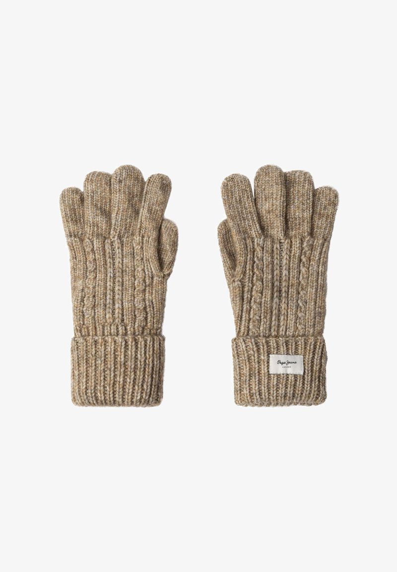 Kötött kesztyű barna/tan árnyalatban, bordás mandzsettával. Öt ujjal rendelkezik, és a mandzsettán márkacímke van hímezve. Puha tapintású.