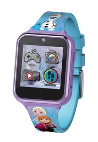 Smartwatch per bambini con una ghiera viola, cinturino in silicone blu con personaggi di Frozen, touchscreen con icone di app per giochi e fotocamera.