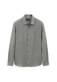 Long-sleeve button-up shirt in a speckled gray fabric, featuring a standard collar and a relaxed fit, with six front buttons and buttoned cuffs.
