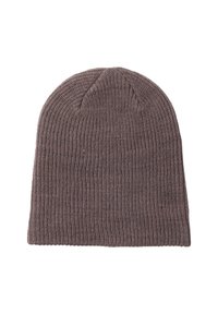 Brązowa czapka typu beanie dzianinowa z ryżowym wzorem, okrągłym czubkiem i dopasowanym krojem. Brak widocznych logo lub ozdób. Prosty i funkcjonalny design.