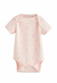 Light pink short-sleeve onesie made of soft cotton, featuring a fairy and flower print. Includes snap closures at the bottom for easy dressing.