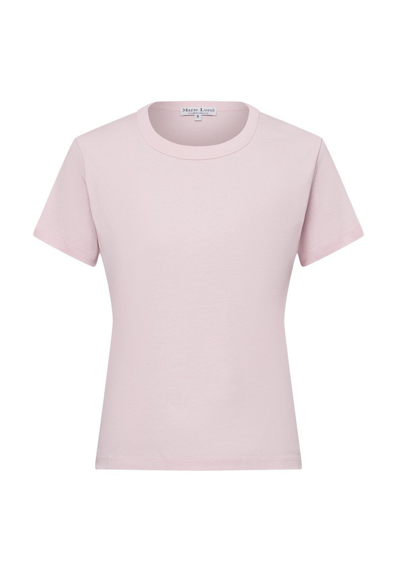 Light pink short-sleeve t-shirt made from soft cotton; features a classic round neckline and a straight hem. No patterns or accents present.