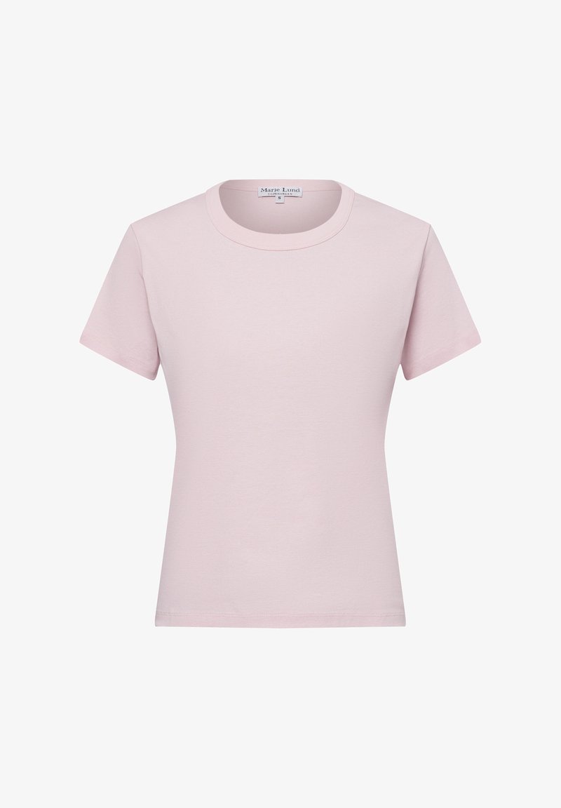 Light pink short-sleeve t-shirt made from soft cotton; features a classic round neckline and a straight hem. No patterns or accents present.