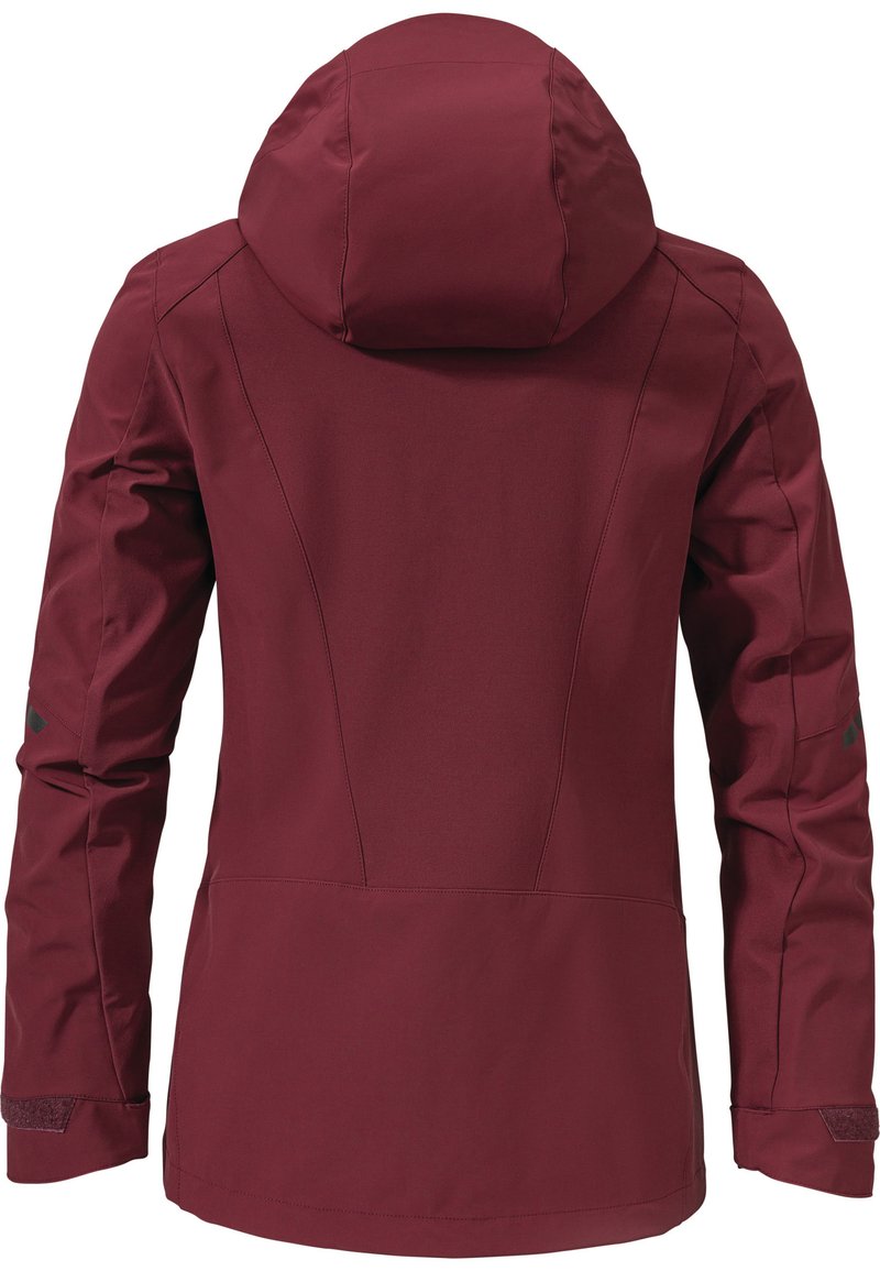 Bordeauxrote Kapuzenjacke mit taillierten Nähten, langen Ärmeln mit verstellbaren Bündchen, von hinten auf einem weißen Hintergrund gesehen.