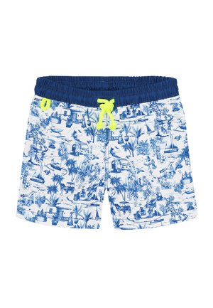 Short de bain blanc et bleu à motifs tropicaux et bateaux, taille élastique bleu marine et cordon jaune fluo.