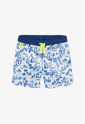 Short de bain blanc et bleu à motifs tropicaux et bateaux, taille élastique bleu marine et cordon jaune fluo.