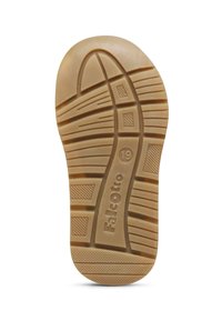 Suola di scarpa in gomma con un motivo marrone testurizzato. Presenta scanalature per la presa e un logo in rilievo. Il motivo del battistrada include forme e linee variabili.